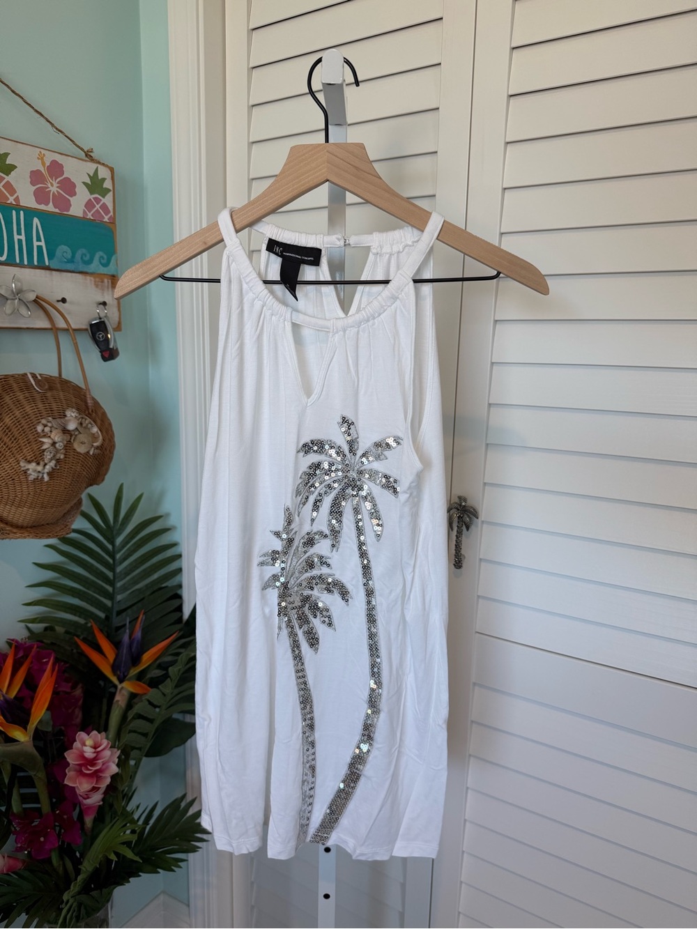 INC International Concepts White Tank Tunic Top with Sequin Palm Motif